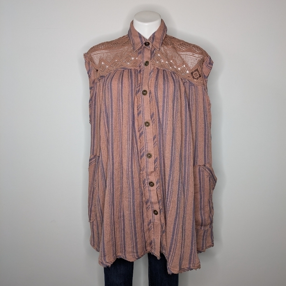 Free People We The Free pink blue lace oversized striped button up cotton top XS